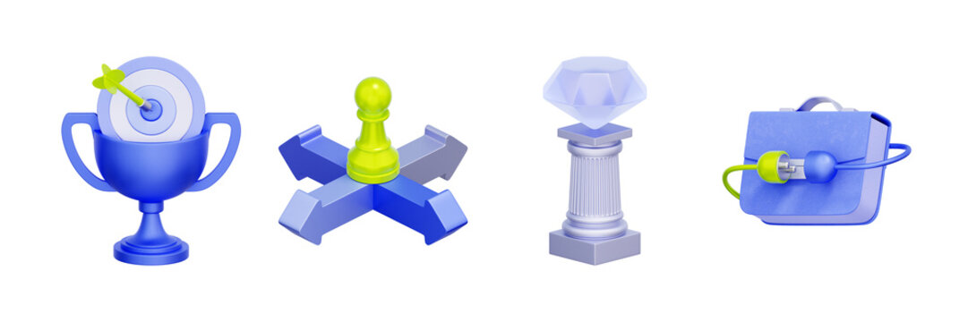 3D illustration of business value object set with trophy target, diamond, chess pawn and briefcase for achievement reward, strategic choice, premium quality, corporate power, and success tracking.