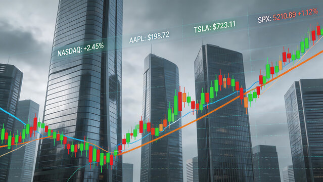 Stock market graph over city skyscrapers