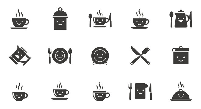 Monochrome collection of coffee, tea, and beverages icons for graphic resources.
