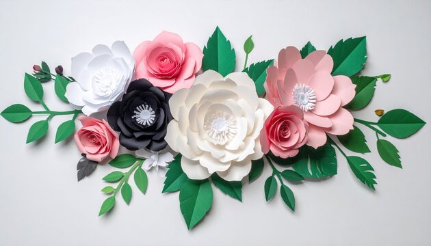 Handmade paper flowers and leaves arrangement