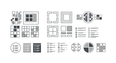 Fototapeta premium Collection of geometric UI icon layouts and grid diagram templates for graphic design.