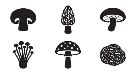 mushrooms set, a black vector icon collection of fungi. © Rehana