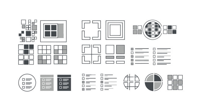 Collection of geometric UI icon layouts and grid diagram templates for graphic design.