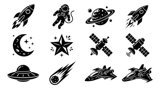 Collection of Space Icons Featuring Rockets Astronauts Planets Satellites UFOs and More