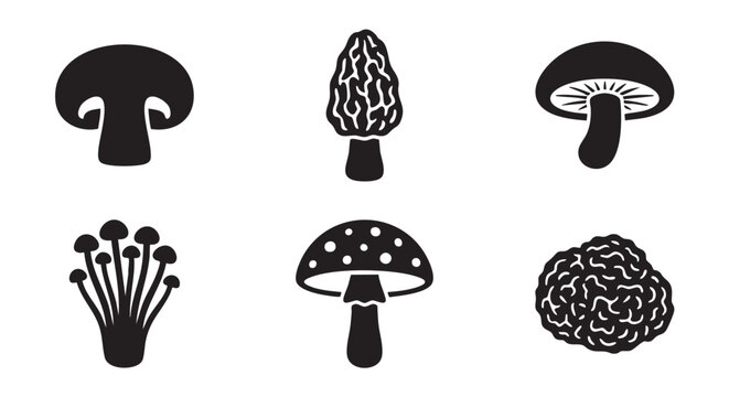 mushrooms set, a black vector icon collection of fungi.