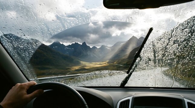 Driving through a scenic mountain landscape during a rainstorm with wipers clearing the windshield.