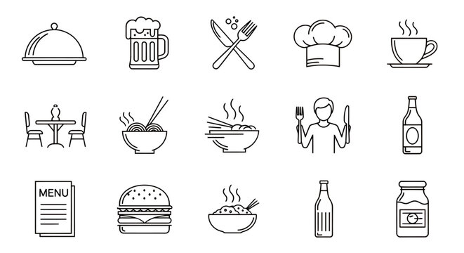 Set of culinary and dining icons featuring drink, utensils, menu, burger, bowl, bottle, chef hat and kitchen imagery.