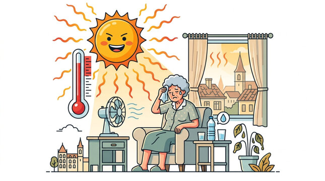 Elderly woman feeling overheated and uncomfortable in a hot room with a fan and thermometer, while the sun blazes outside a window overlooking a town