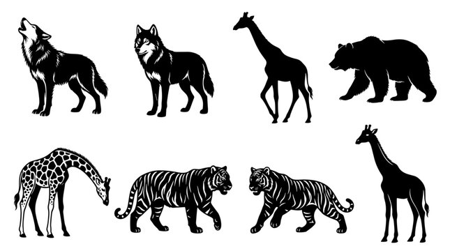 Collection of Black Silhouette Wild Animals Including Wolves Giraffes Tigers and a Bear