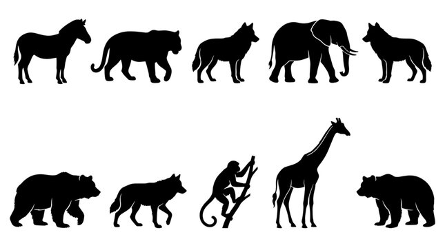 Collection of diverse animal silhouettes including zebra elephant wolf giraffe monkey and bear