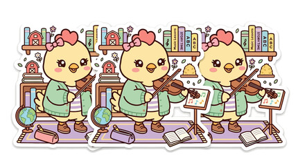 Cute chick playing violin in library, educational and musical theme © Raya
