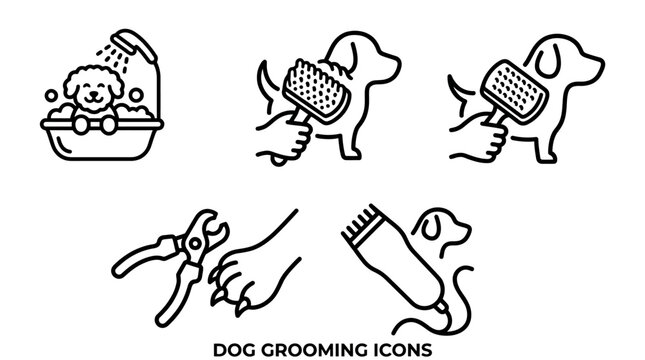 Dog Grooming Icons: Bathing, Brushing, Clipping, Nail Trimming Line Art Set