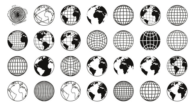 Set of monochrome globe icons arranged in circular grids forming a world map motif.