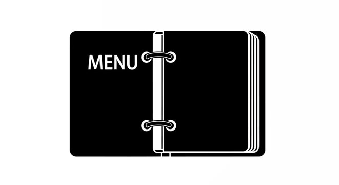 Open black menu binder with ring binders and white text displaying MENU.