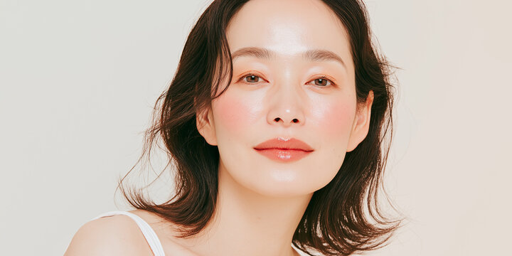 日本人, 女性, 50代, 40代, ミドル, シニア, 美容, スキンケア, エイジングケア, 健康, ライフスタイル, 美人, ナチュラル, 清潔感, 透明感, 白背景, コピースペース, 広告素材, 信頼感, 微笑み, ウェルビーイング, 上半身, 視線, ポニーテール, 化粧品, エステ, 自己肯定感, オーセンティック, ポジティブエイジング, 日本, ウェルエイジング, サプリメント,