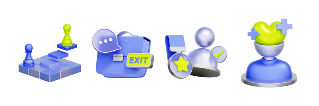 3D illustration of employee lifecycle object set with chess board, exit briefcase, award medal and health mind for strategic positioning, resignation, staff recognition, and mental wellbeing.