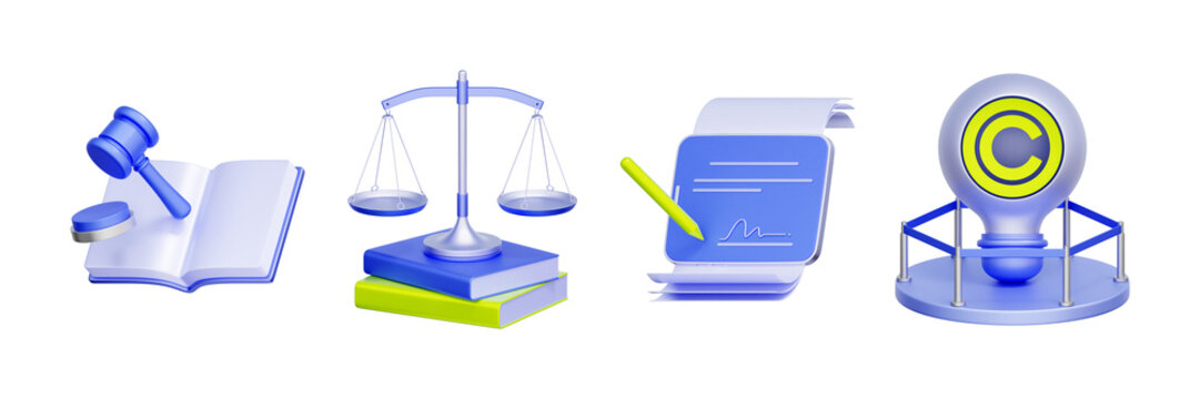 3D illustration of legal compliance object set with law book gavel justice scale signature document and copyright bulb for intellectual property protection corporate regulation and legal agreement.