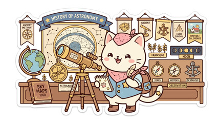 Cute Cat Astronomer with Telescope, Globe, and Constellation Chart - History of Astronomy © Raya
