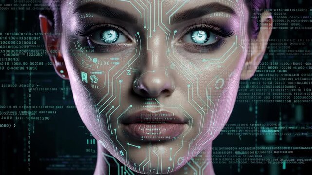 Futuristic female face with glowing circuit patterns and digital code background creating artificial intelligence portrait scene cyber beauty technology identity biometrics and virtual human interface
