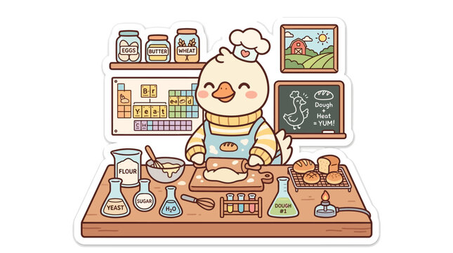 Cute Duck Chef Baking Bread in Kitchen with Science Equipment and Farm Scene