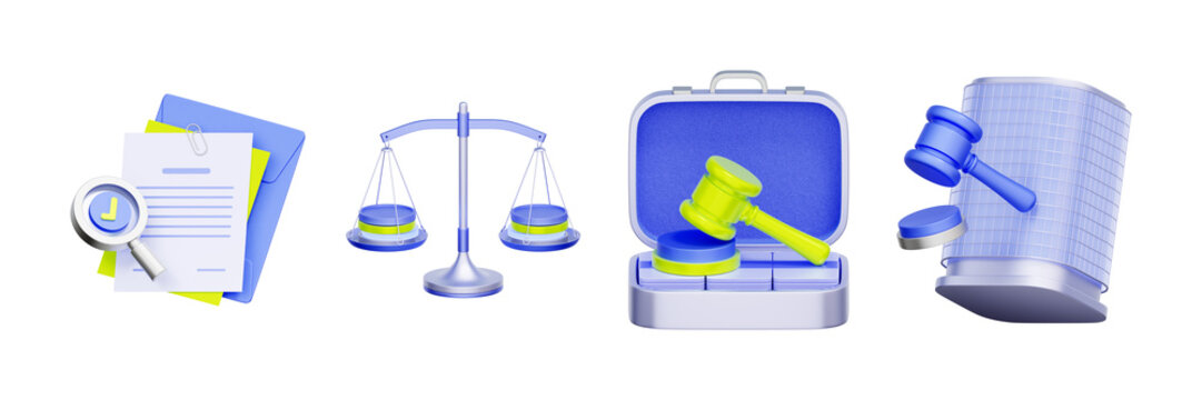 3D illustration of legal operation object set with search document coin scale gavel briefcase and office hammer for corporate compliance financial regulation law firm management and business justice.