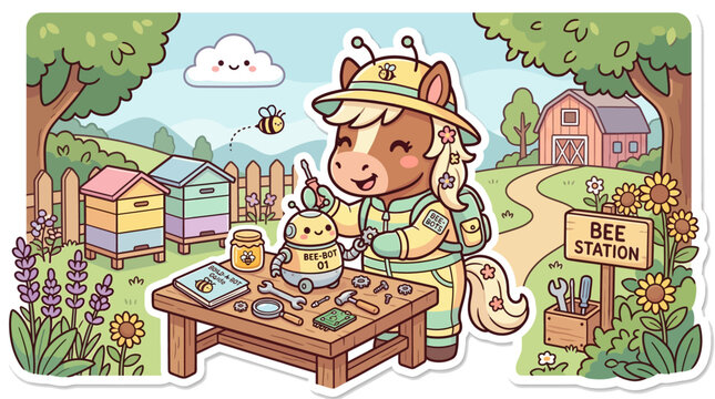 Cute cartoon horse builds robot bee in apiary garden, bee theme, funny illustration