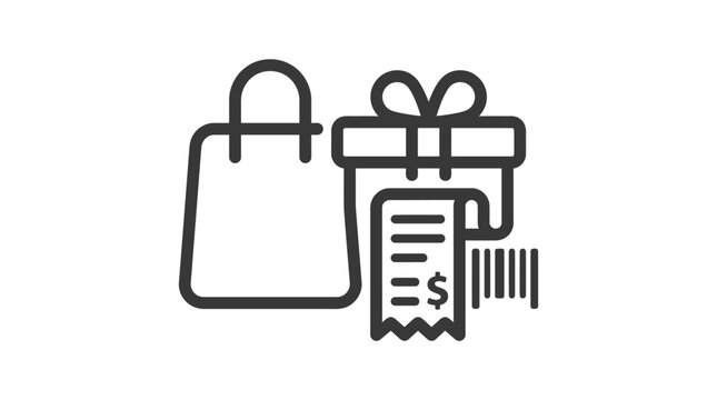 Shopping bag, gift box with receipt and barcode icon for commerce and retail concept