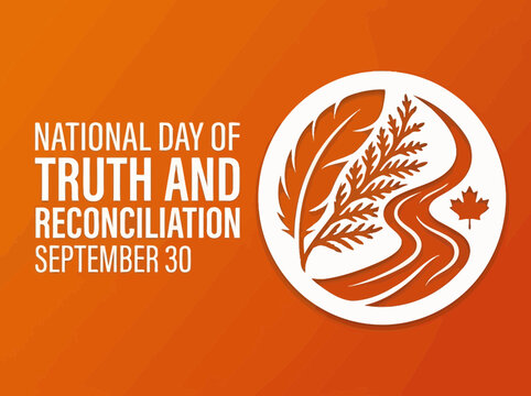 National day for truth and reconciliation september 30 graphic with indigenous symbols, feather, cedar, river, and maple leaf on an orange background