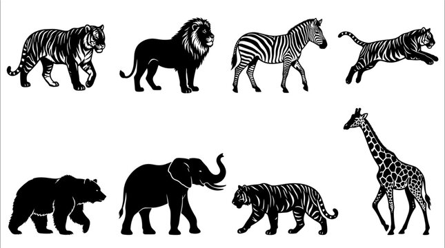 Collection of Diverse Wild Animal Silhouettes Including Tigers Lions Zebras Elephants Bears and Giraffes