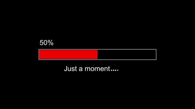 Digital progress bar animation with red loading indicator and just a moment text overlay for modern user interface software installation, web development, and data processing applications