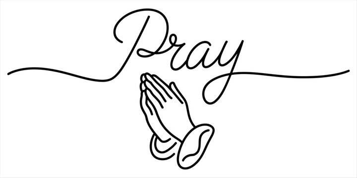 Pray word with continuous line drawing of praying hands