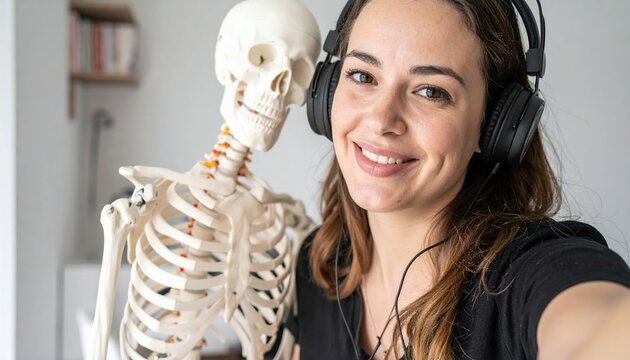 Young woman taking selfie with skeleton model and headphones