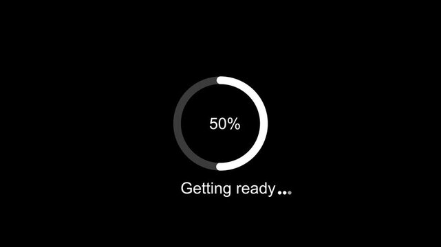 Minimalist circular loading progress bar animation with percentage counter and getting ready text overlay on a clean black background, for modern digital, user interface and, web application systems