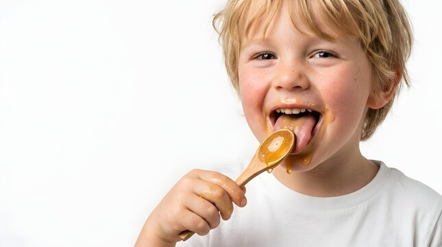 Happy Little Boy Eating Sweet Honey with Wooden Spoon Over Isolated White Studio Background