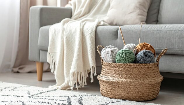 Knitting basket with yarn and blanket beside sofa