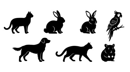 Fototapeta premium Collection of Black Silhouettes of Domestic Animals and Birds on White Background