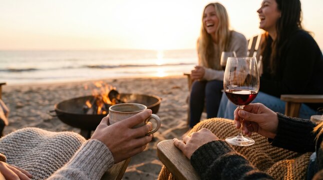 Group of young adult female friends enjoying wine and conversation around a beach bonfire at sunset, cozy evening lifestyle concept