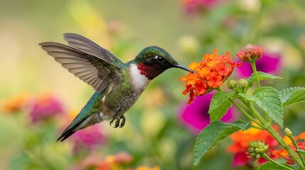 Fototapeta premium Ruby-throated hummingbird feeding on colorful lantana flowers in a garden.