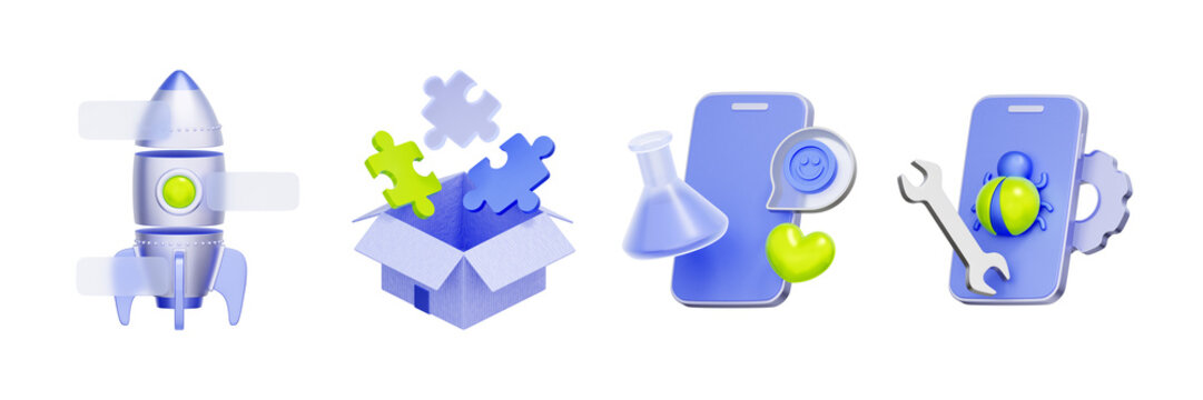 3D illustration of software development object set with launch rocket, puzzle box, test flask and bug fix wrench for product deployment, feature assembly, beta testing, and application maintenance.