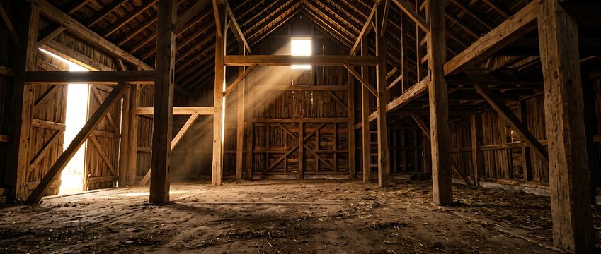 Sunlight streaming through window of old rustic wooden barn interior