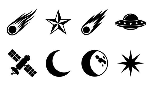 Collection of Space Icons Including Comets Stars UFO Satellite Moon Phases and Asterisk Symbol