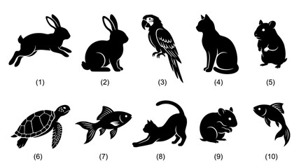 Fototapeta premium Collection of Black Silhouettes of Various Animals Including Rabbit Cat Parrot Fish Turtle and Hamster