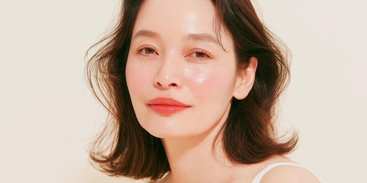 日本人, 女性, 50代, 40代, ミドル, シニア, 美容, スキンケア, エイジングケア, 健康, ライフスタイル, 美人, ナチュラル, 清潔感, 透明感, 白背景, コピースペース, 広告素材, 信頼感, 微笑み, ウェルビーイング, 上半身, 視線, ポニーテール, 化粧品, エステ, 自己肯定感, オーセンティック, ポジティブエイジング, 日本, ウェルエイジング, サプリメント,