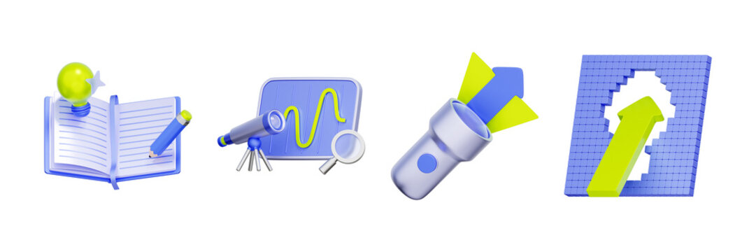 3D illustration of vision object set with idea notebook, telescope chart, arrow flashlight and breakthrough wall for strategic planning, market foresight, trend analysis, and business growth.