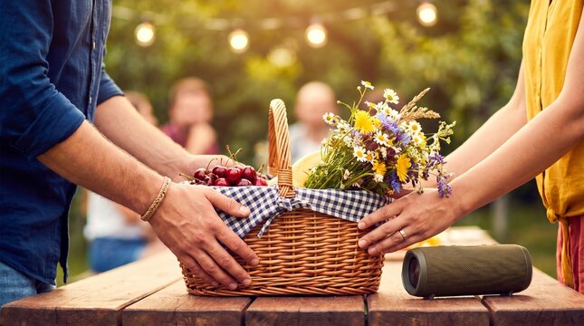 Young couple holding picnic basket with cherries and flowers on wooden table outdoors at garden party celebration concept