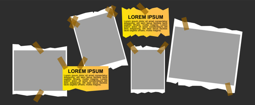 Ripped paper photo frames with scotch tape on grey background, torn edge picture templates with lorem ipsum note pads, realistic vintage scrapbook moodboard collage element