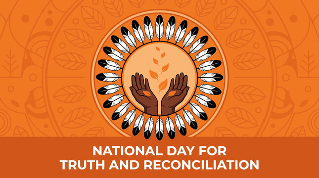 National day for truth and reconciliation illustration with hands holding leaves and eagle feathers in a circular pattern on an orange background
