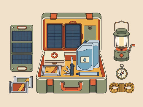 This image showcases a detailed survival kit featuring essential items like a first aid kit, solar panels, water containers, and a lantern, ideal for outdoor enthusiasts.