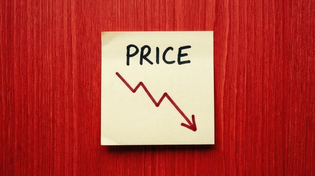 Yellow sticky note displaying the word price with a red downward pointing arrow on wood