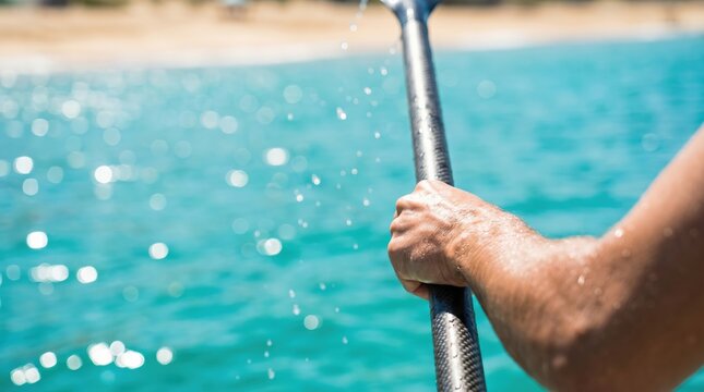 Close up of a tanned male arm holding a carbon fiber paddle while stand up paddleboarding on sparkling blue ocean water during summer